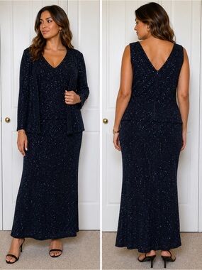 90s/Y2K ONYX Nite Navy Glitter Evening Gown Formal Sparkle Maxi Dress Set